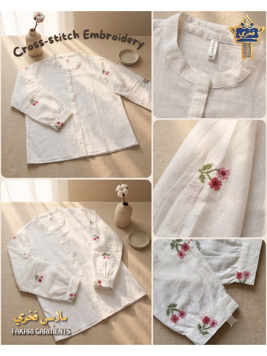 Cotton White With Cuff Cross Stich Embroidery Sleevs