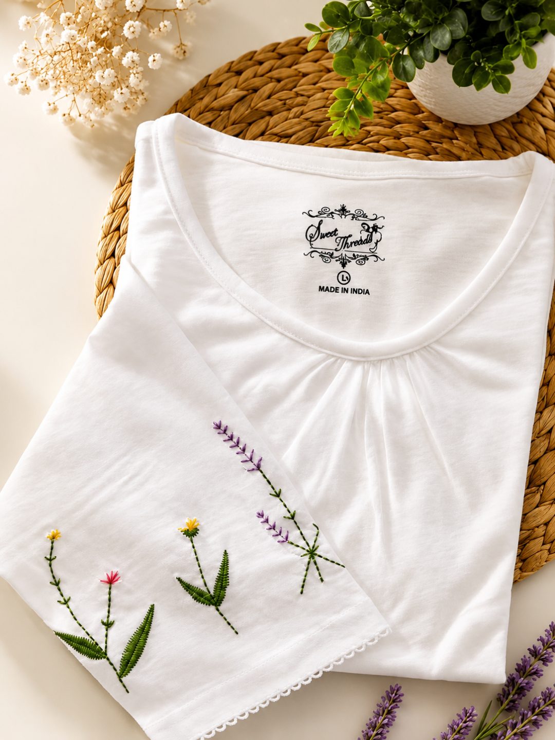 Floral Embroidered Pleated Neck Top
