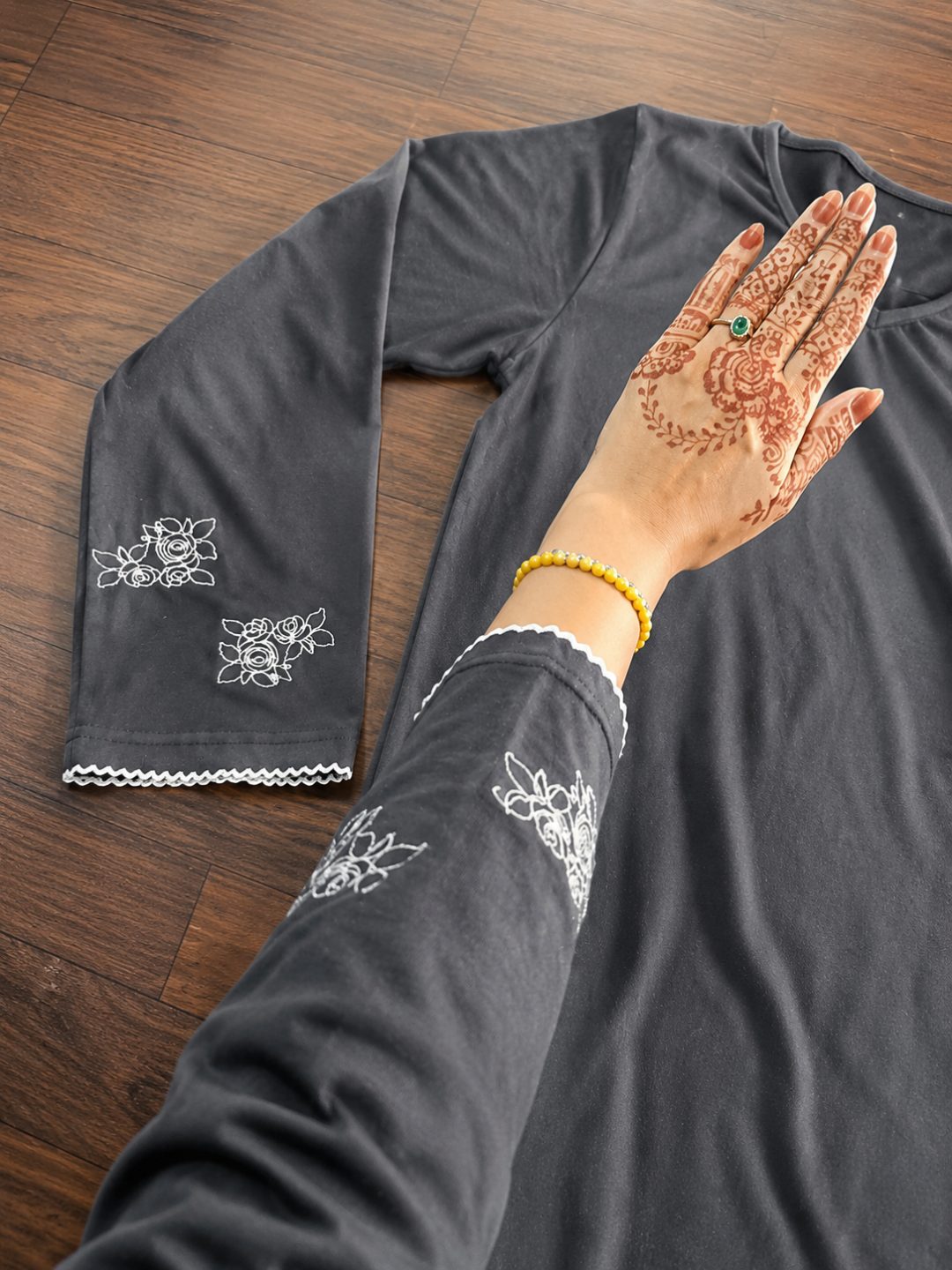 Dark Grey Floral Embroidered Sleeve Top